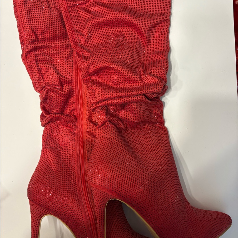 Red Rhinestone Thigh High Heeled Boots - Picture 2 of 5